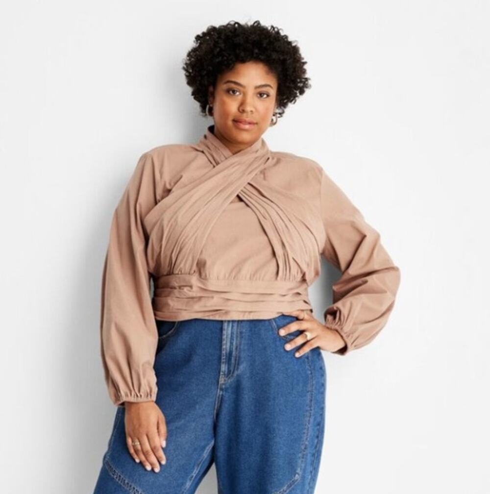 Future Collective NWT Long Sleeve Mock Neck Cross-Front Top in Tan Plus Size 1X